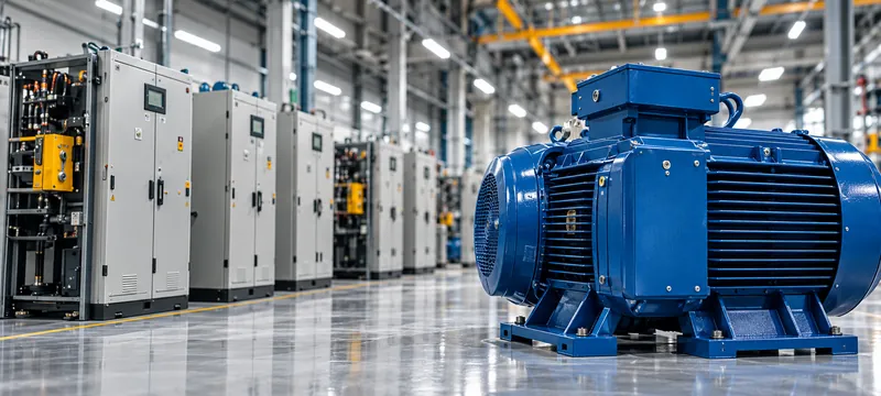 Illustration of industrial switchgear and a blue electric motor in a factory