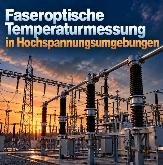 Hochspannungsanlage bei Sonnenuntergang mit dem Titel Faseroptische Temperaturmessung in Hochspannungsumgebungen