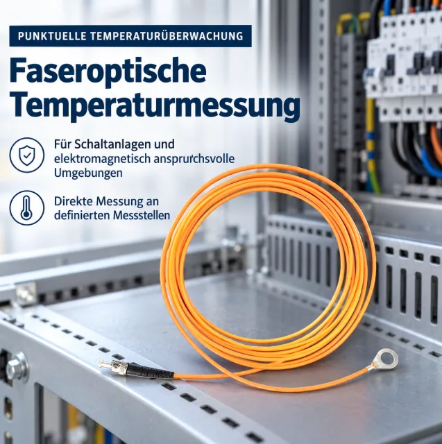 Faseroptische Temperatursonde mit orangefarbenen Sondenfasern in einer Schaltanlage