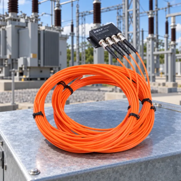 Faseroptisches Temperaturmesssystem mit orangefarbenen Sondenfasern vor einer Hochspannungsanlage