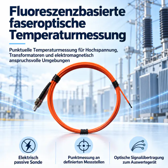 Faseroptischer Temperatursensor vor einer Hochspannungsanlage mit schematischer Messkette