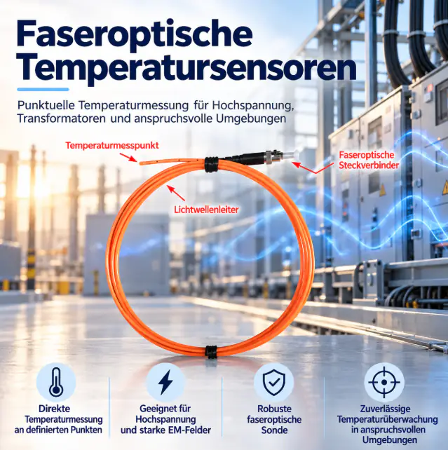 Schematische Darstellung eines faseroptischen Temperatursensors in einer Hochspannungsanlage
