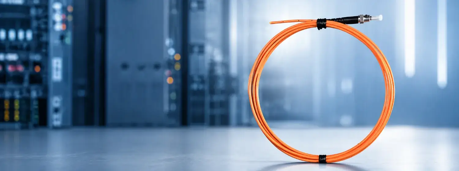 Orange fiber optic temperature probe in an industrial equipment environment